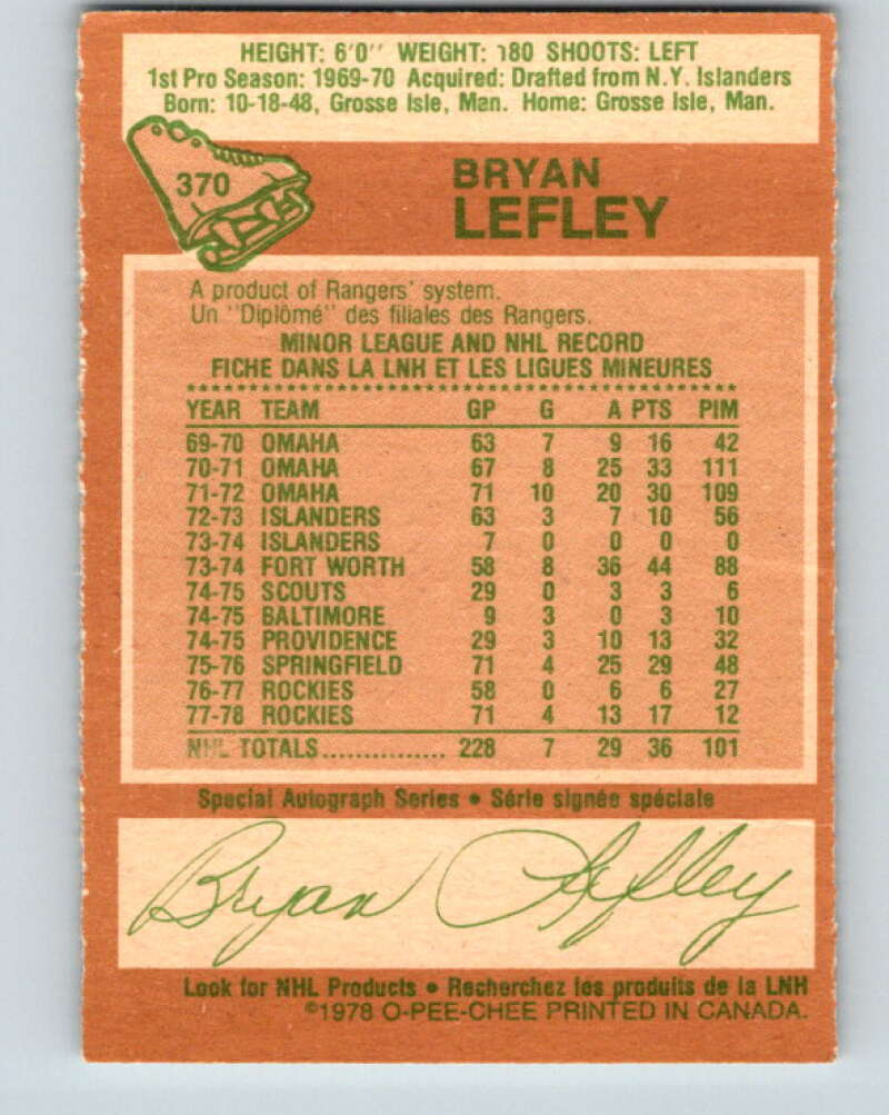 1978-79 O-Pee-Chee #370 Bryan Lefley Colorado Rockies V26148