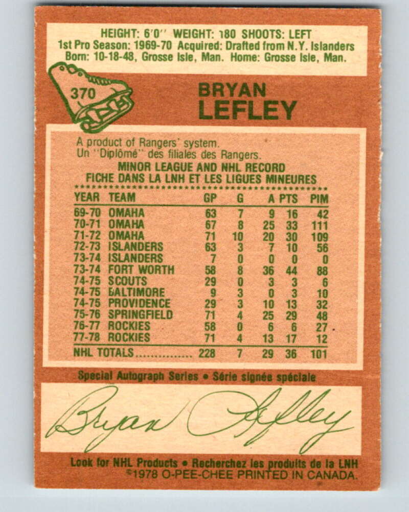 1978-79 O-Pee-Chee #370 Bryan Lefley Colorado Rockies V26149