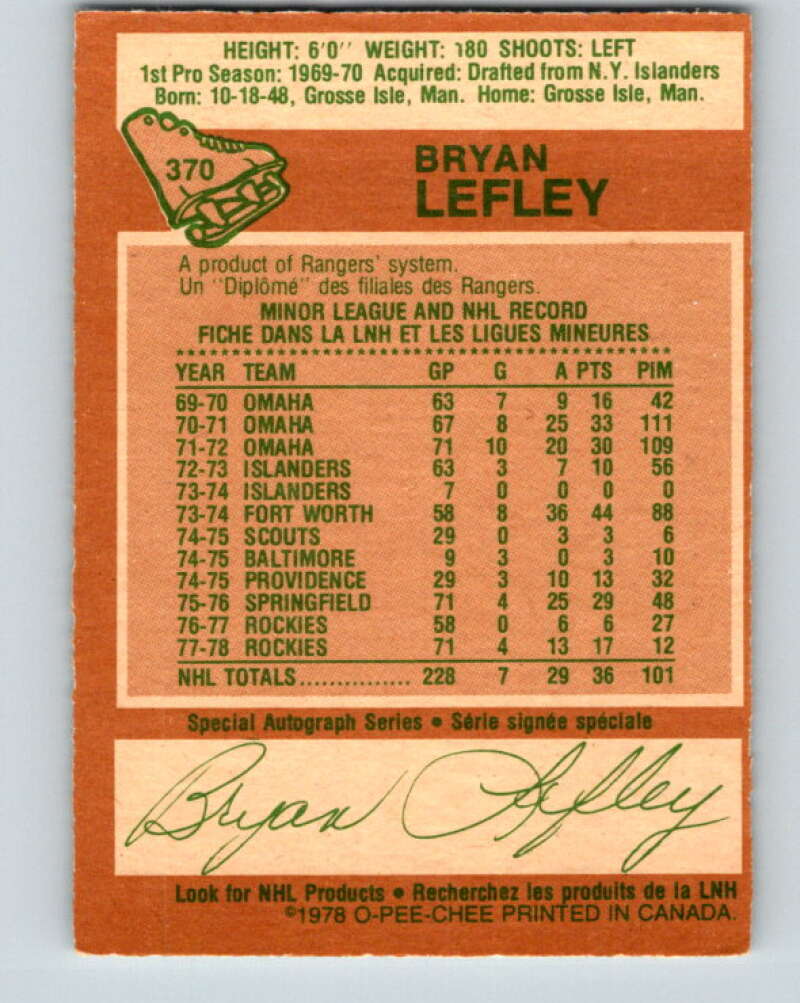 1978-79 O-Pee-Chee #370 Bryan Lefley Colorado Rockies V26150