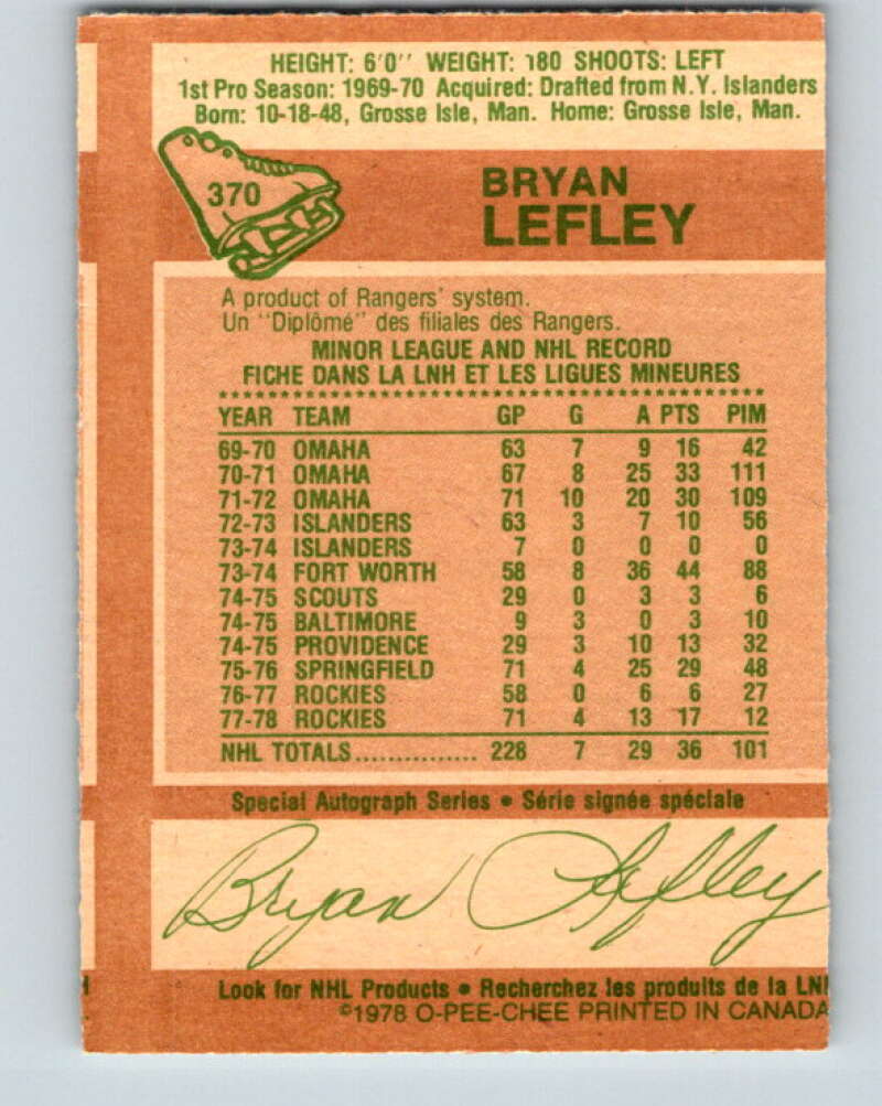 1978-79 O-Pee-Chee #370 Bryan Lefley Colorado Rockies V26156