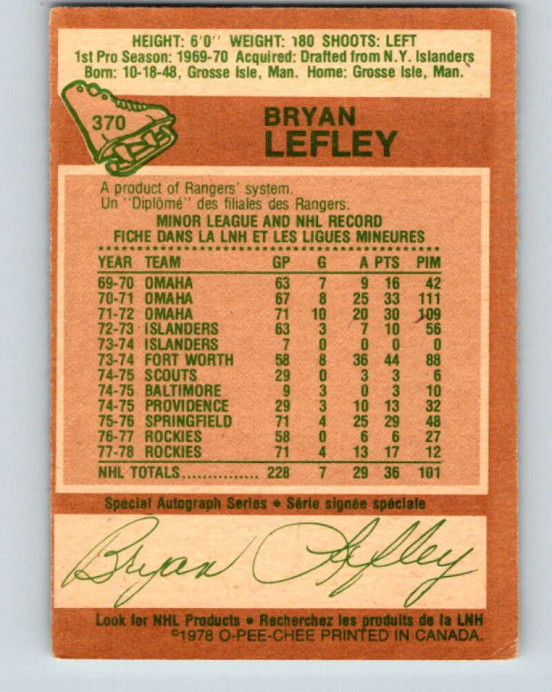 1978-79 O-Pee-Chee #370 Bryan Lefley Colorado Rockies V26157