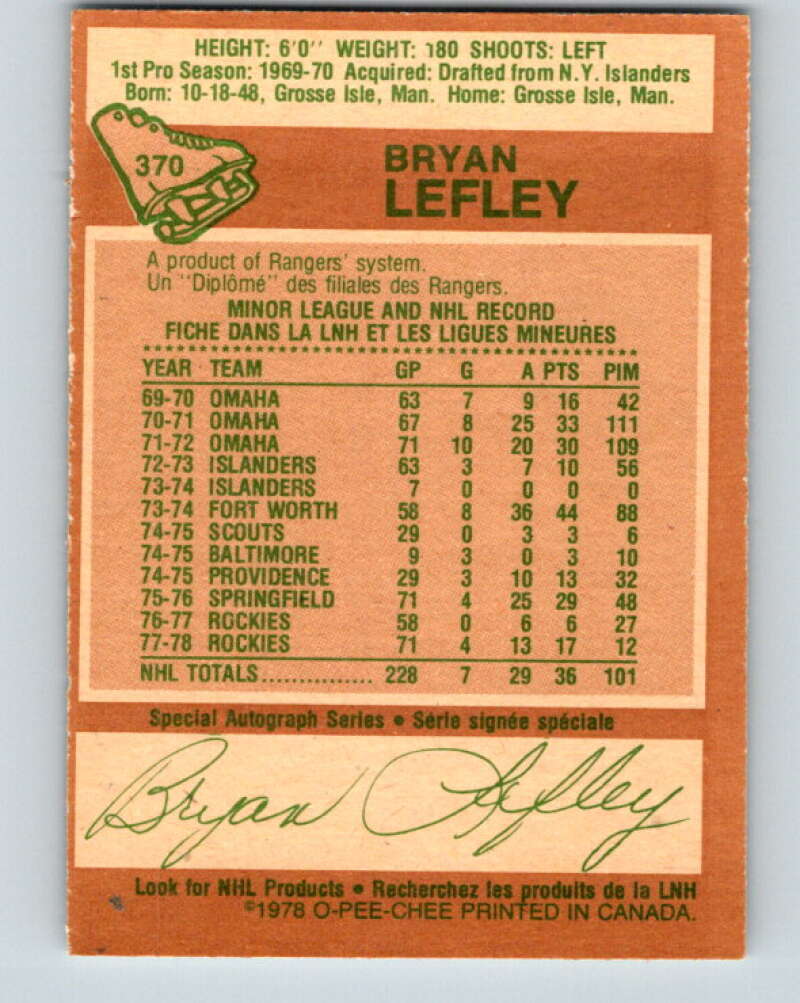 1978-79 O-Pee-Chee #370 Bryan Lefley Colorado Rockies V26158