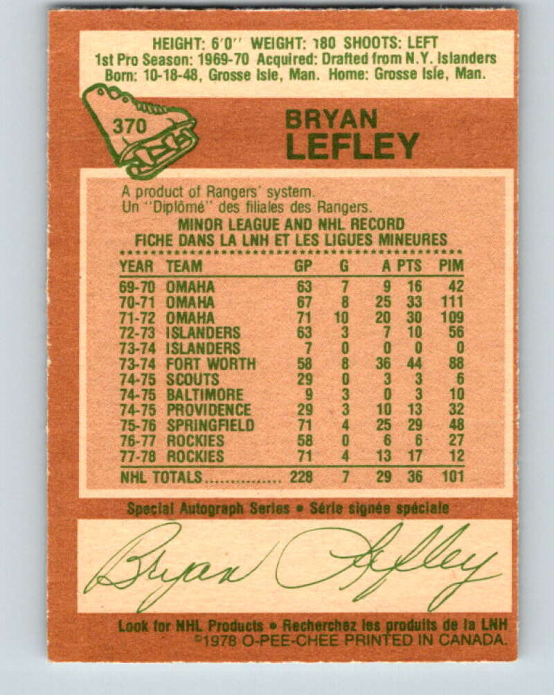 1978-79 O-Pee-Chee #370 Bryan Lefley Colorado Rockies V26159