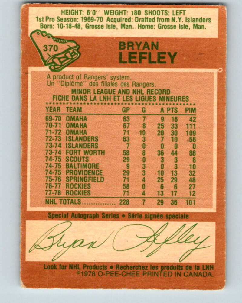 1978-79 O-Pee-Chee #370 Bryan Lefley Colorado Rockies V26161