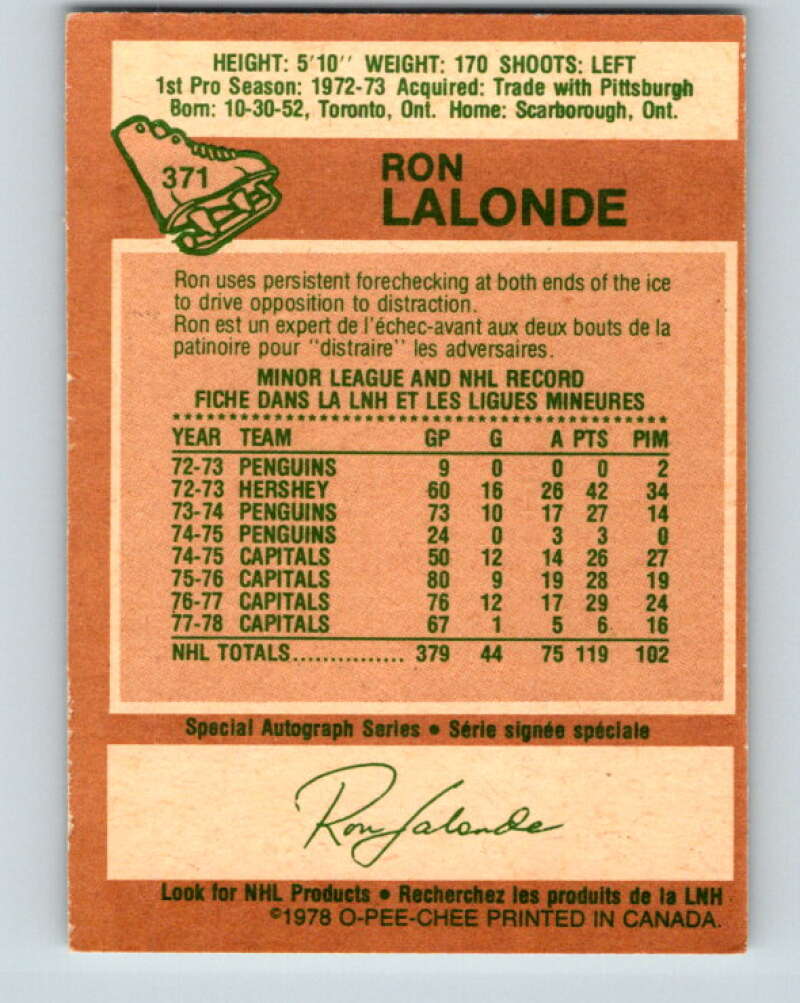 1978-79 O-Pee-Chee #371 Ron Lalonde Washington Capitals V26164