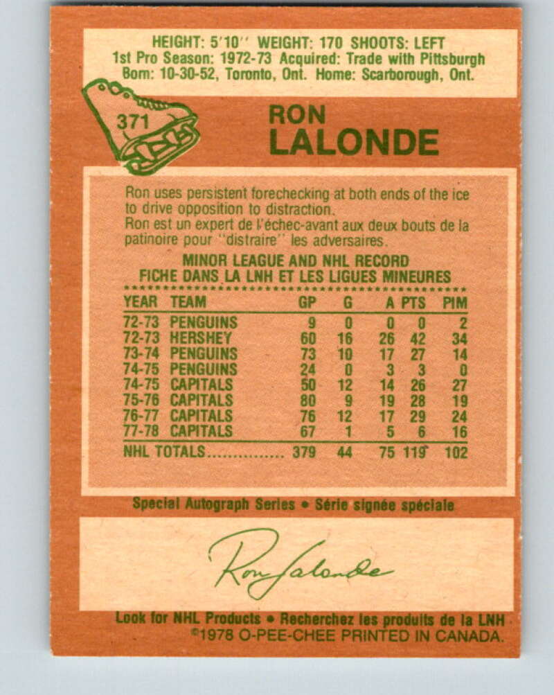 1978-79 O-Pee-Chee #371 Ron Lalonde Washington Capitals V26165