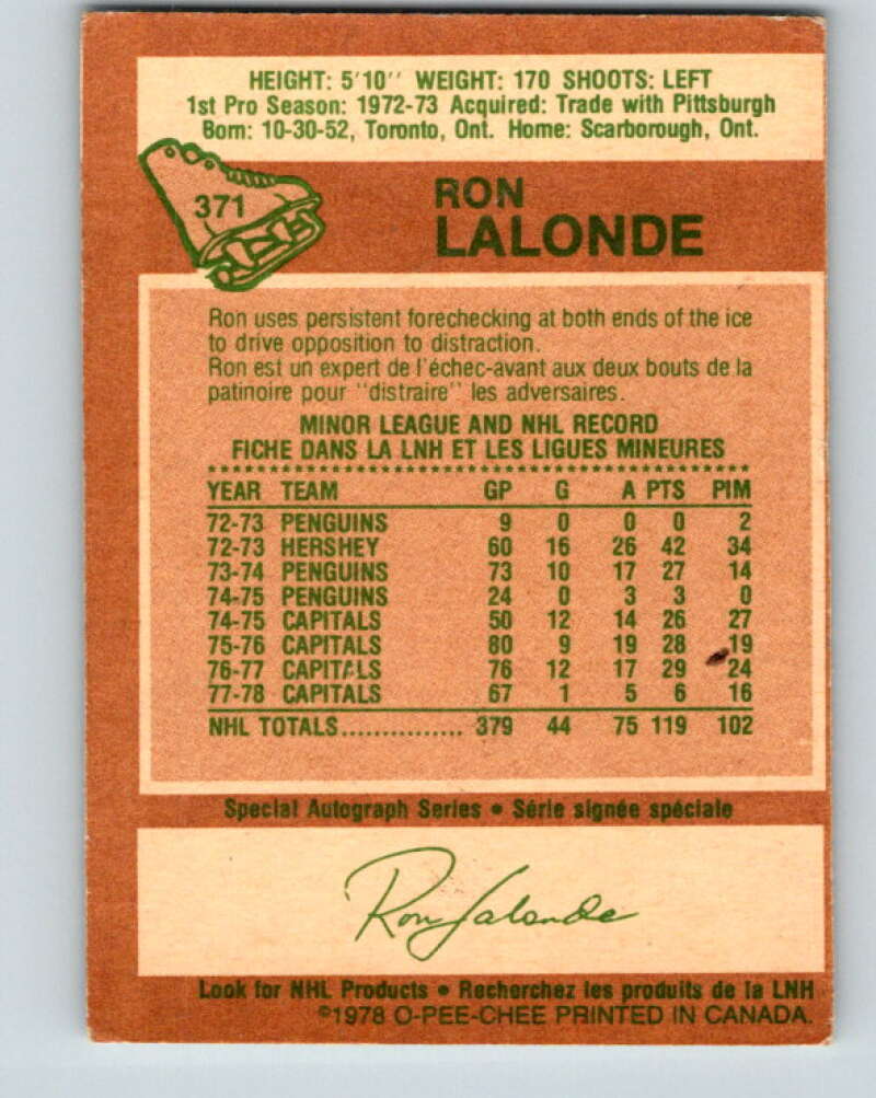 1978-79 O-Pee-Chee #371 Ron Lalonde Washington Capitals V26166