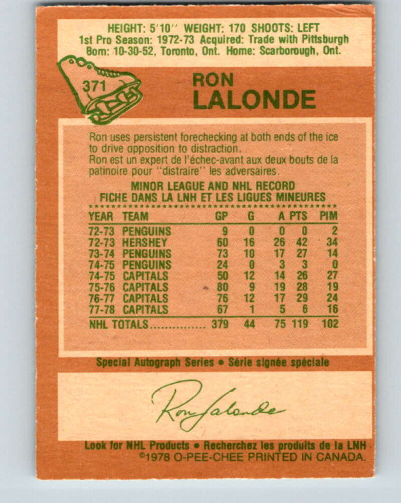 1978-79 O-Pee-Chee #371 Ron Lalonde Washington Capitals V26167