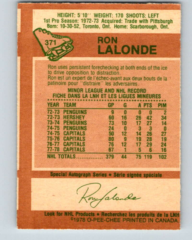 1978-79 O-Pee-Chee #371 Ron Lalonde Washington Capitals V26169
