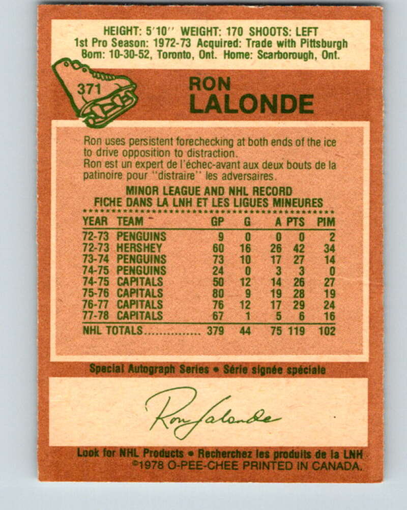 1978-79 O-Pee-Chee #371 Ron Lalonde Washington Capitals V26170