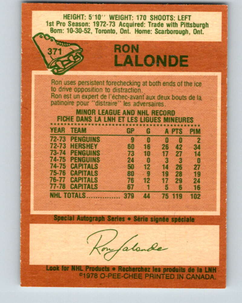 1978-79 O-Pee-Chee #371 Ron Lalonde Washington Capitals V26171