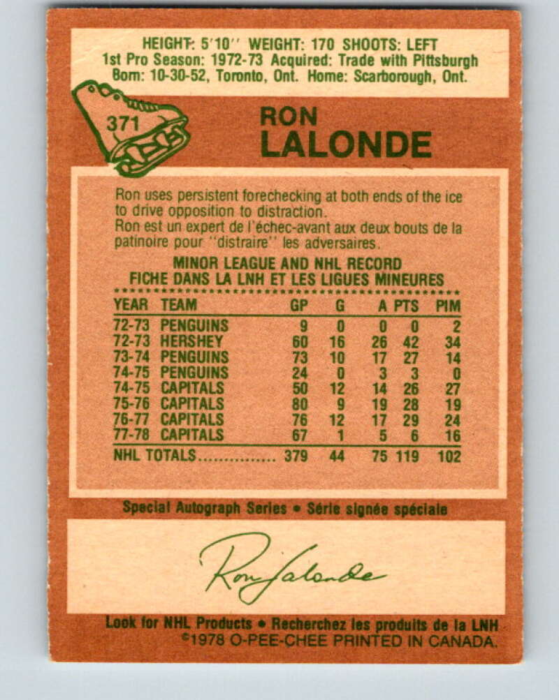 1978-79 O-Pee-Chee #371 Ron Lalonde Washington Capitals V26172