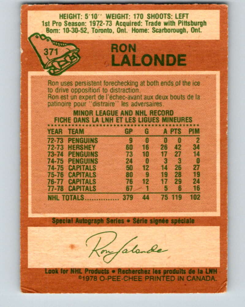 1978-79 O-Pee-Chee #371 Ron Lalonde Washington Capitals V26173