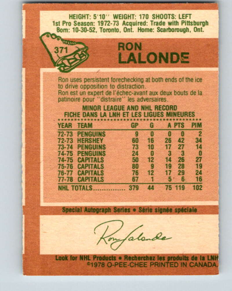 1978-79 O-Pee-Chee #371 Ron Lalonde Washington Capitals V26174