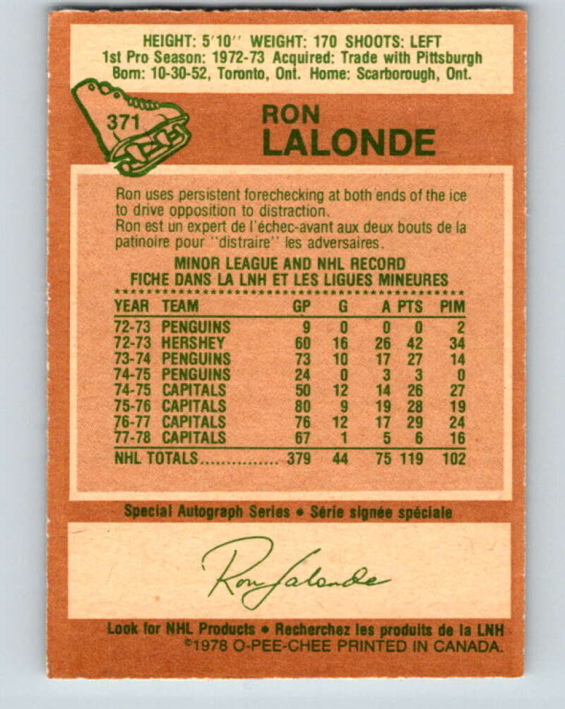 1978-79 O-Pee-Chee #371 Ron Lalonde Washington Capitals V26175