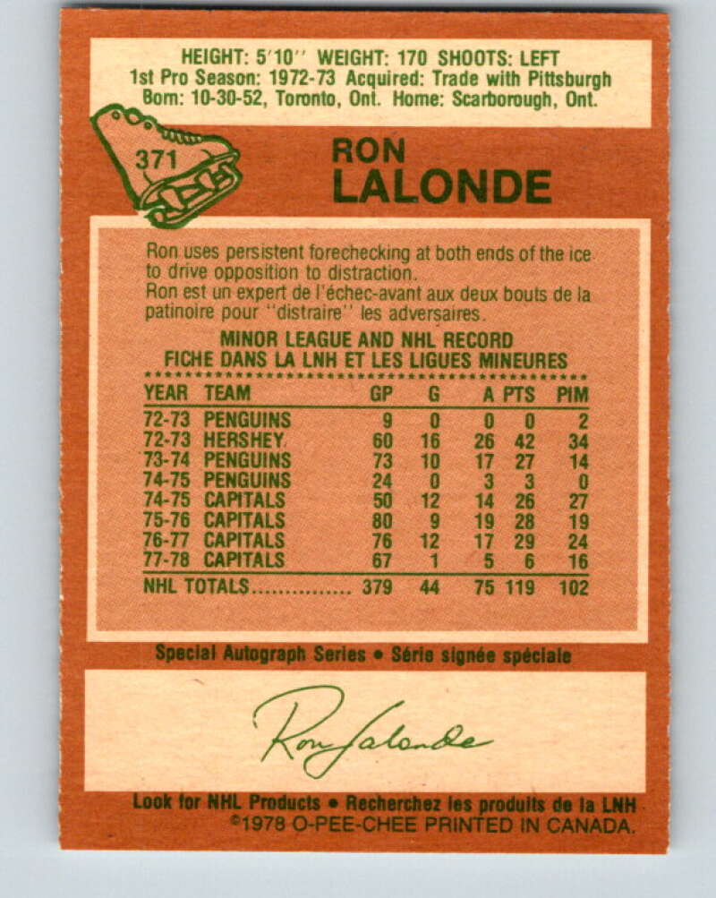 1978-79 O-Pee-Chee #371 Ron Lalonde Washington Capitals V26176