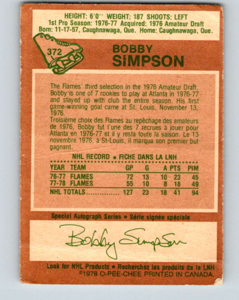 1978-79 O-Pee-Chee #372 Bobby Simpson Atlanta Flames V26178