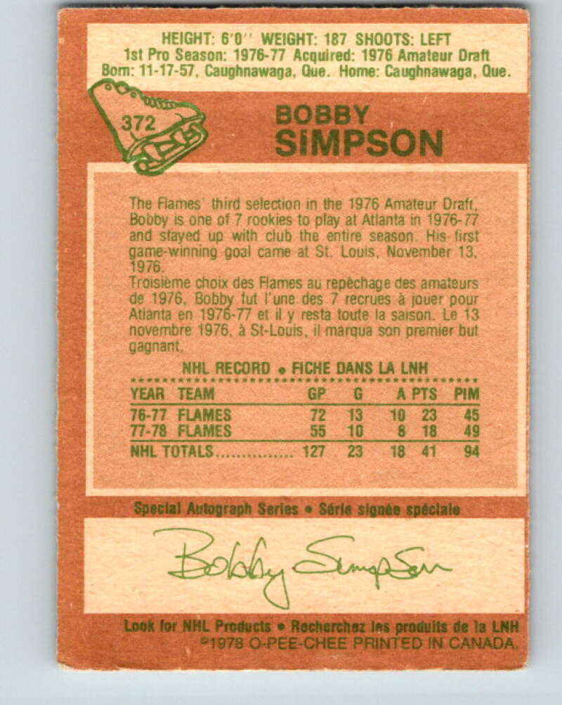 1978-79 O-Pee-Chee #372 Bobby Simpson Atlanta Flames V26179