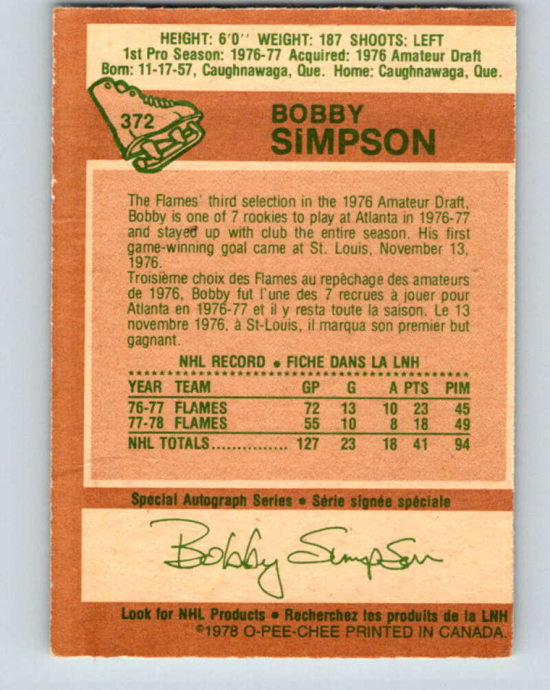 1978-79 O-Pee-Chee #372 Bobby Simpson Atlanta Flames V26184