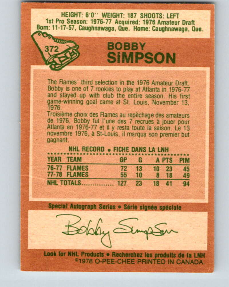 1978-79 O-Pee-Chee #372 Bobby Simpson Atlanta Flames V26186