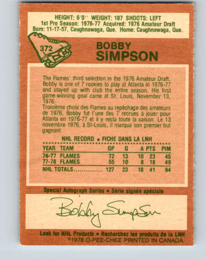 1978-79 O-Pee-Chee #372 Bobby Simpson Atlanta Flames V26187