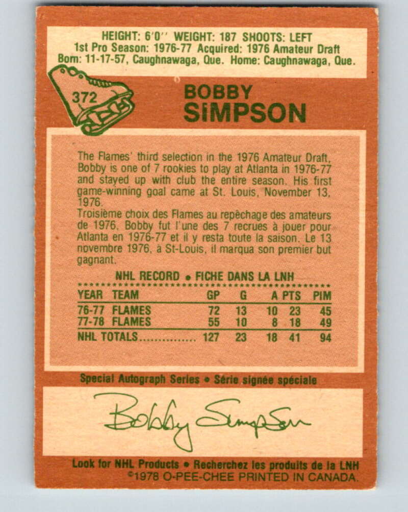 1978-79 O-Pee-Chee #372 Bobby Simpson Atlanta Flames V26190