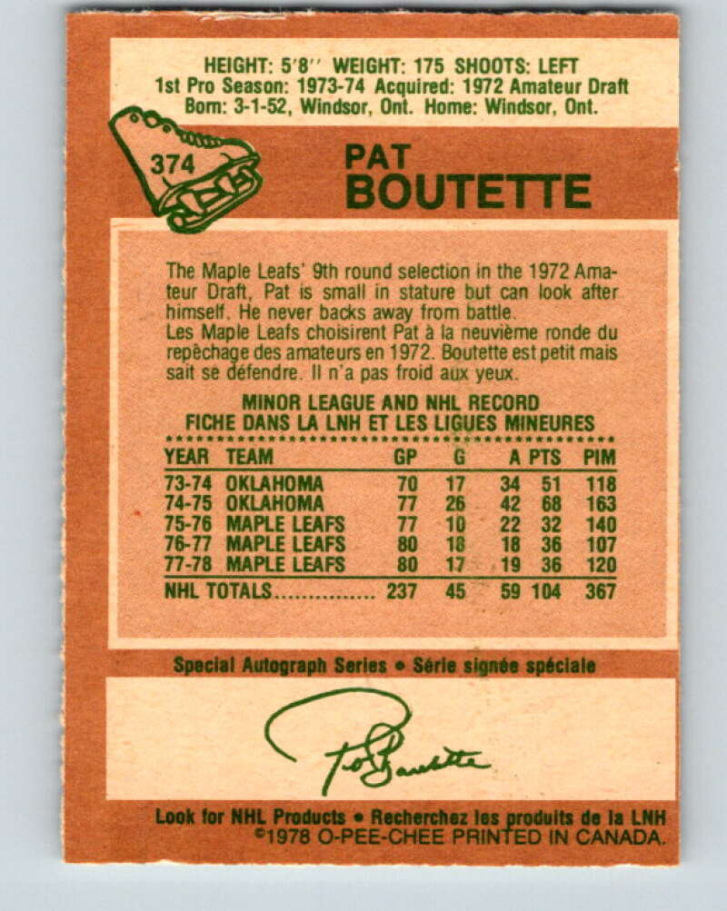 1978-79 O-Pee-Chee #374 Pat Boutette Maple Leafs V26201