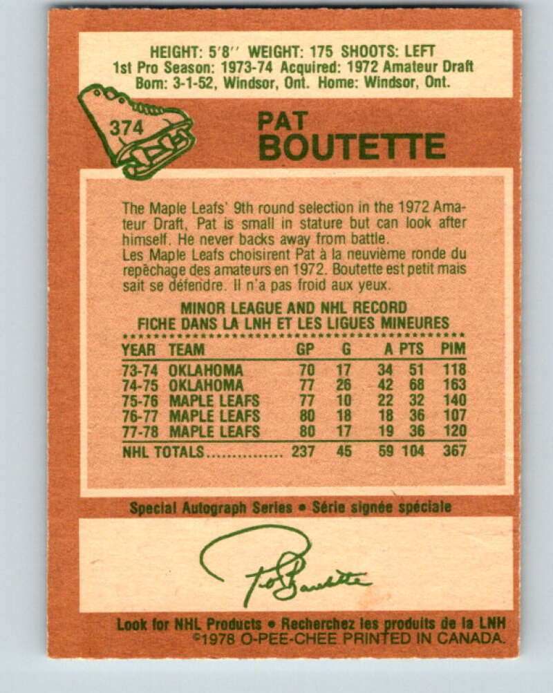 1978-79 O-Pee-Chee #374 Pat Boutette Maple Leafs V26204
