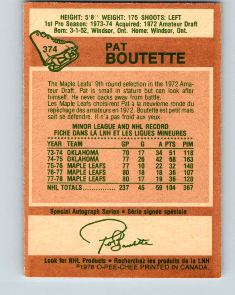 1978-79 O-Pee-Chee #374 Pat Boutette Maple Leafs V26206
