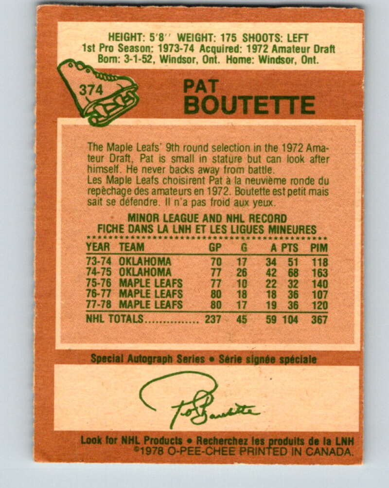 1978-79 O-Pee-Chee #374 Pat Boutette Maple Leafs V26207