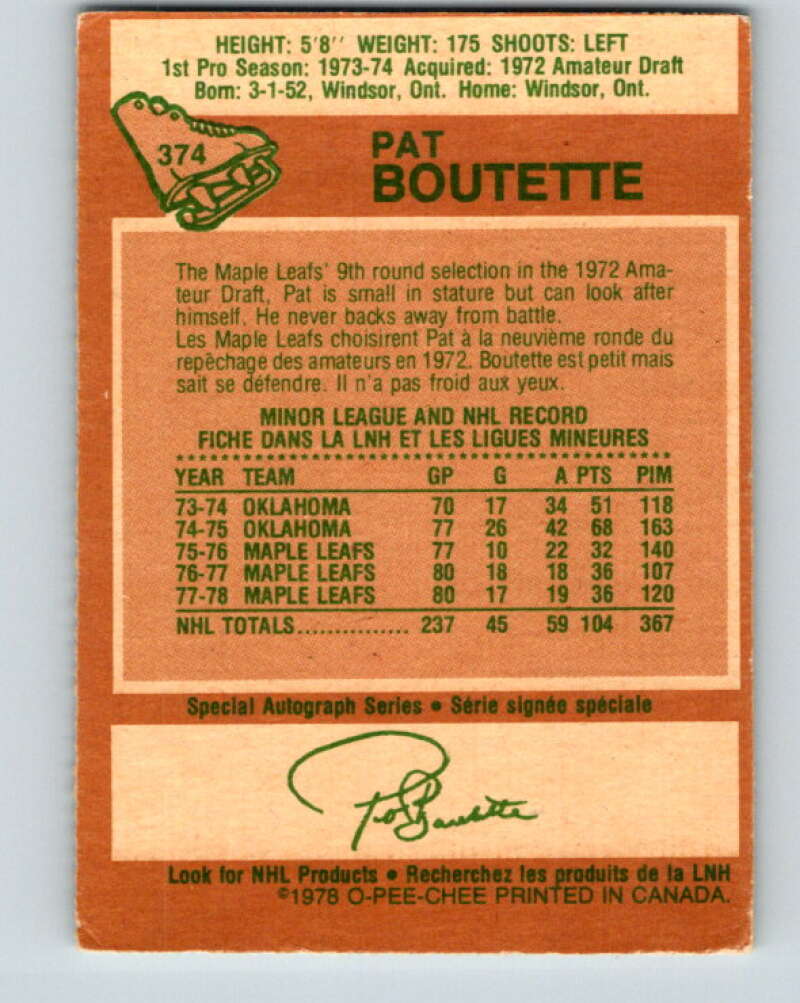 1978-79 O-Pee-Chee #374 Pat Boutette Maple Leafs V26208