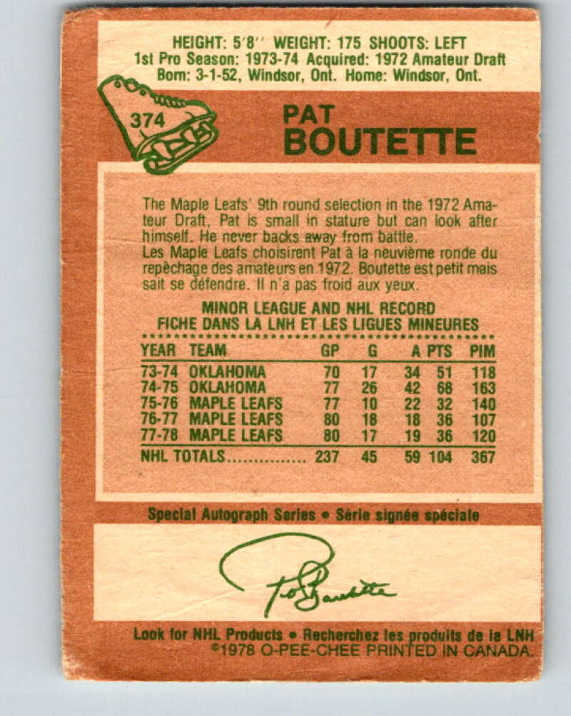 1978-79 O-Pee-Chee #374 Pat Boutette Maple Leafs V26209