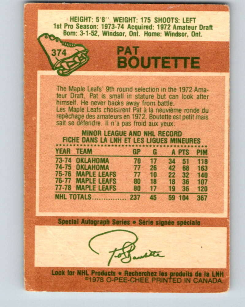 1978-79 O-Pee-Chee #374 Pat Boutette Maple Leafs V26212