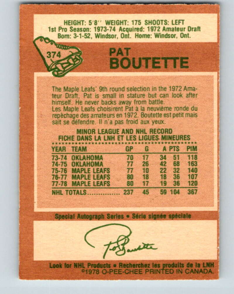1978-79 O-Pee-Chee #374 Pat Boutette Maple Leafs V26214