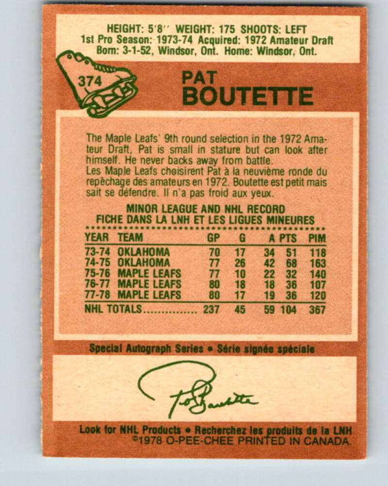 1978-79 O-Pee-Chee #374 Pat Boutette Maple Leafs V26215
