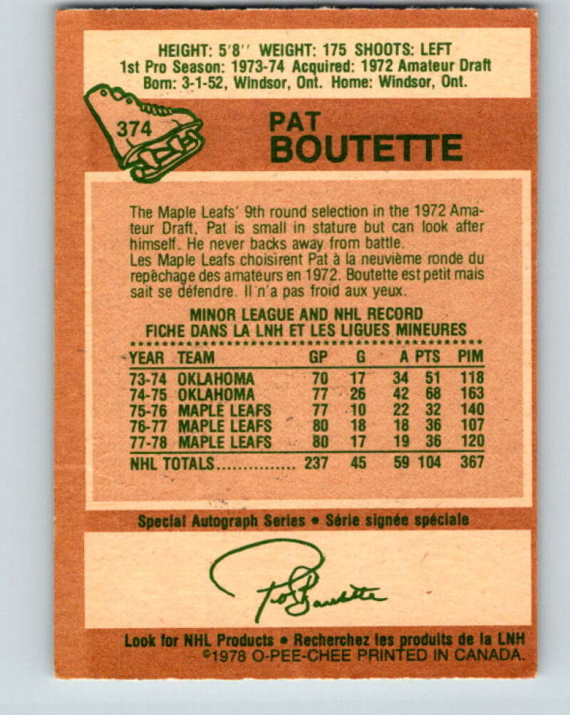 1978-79 O-Pee-Chee #374 Pat Boutette Maple Leafs V26217