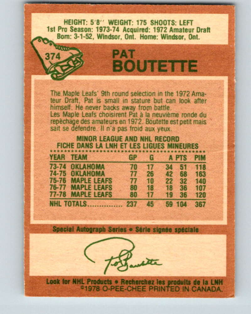 1978-79 O-Pee-Chee #374 Pat Boutette Maple Leafs V26218