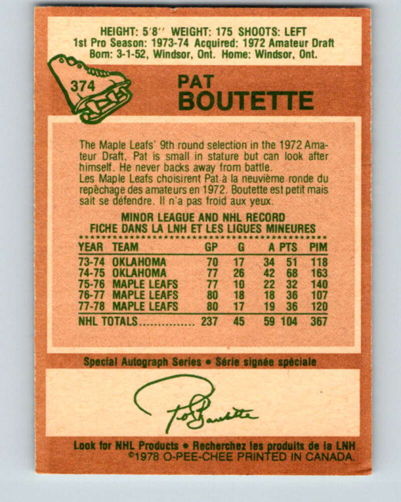 1978-79 O-Pee-Chee #374 Pat Boutette Maple Leafs V26219