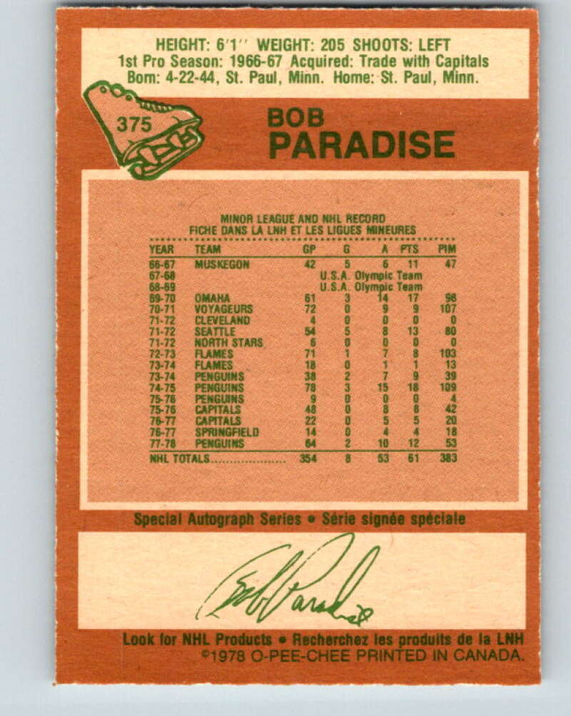 1978-79 O-Pee-Chee #375 Bob Paradise Pittsburgh Penguins V26220