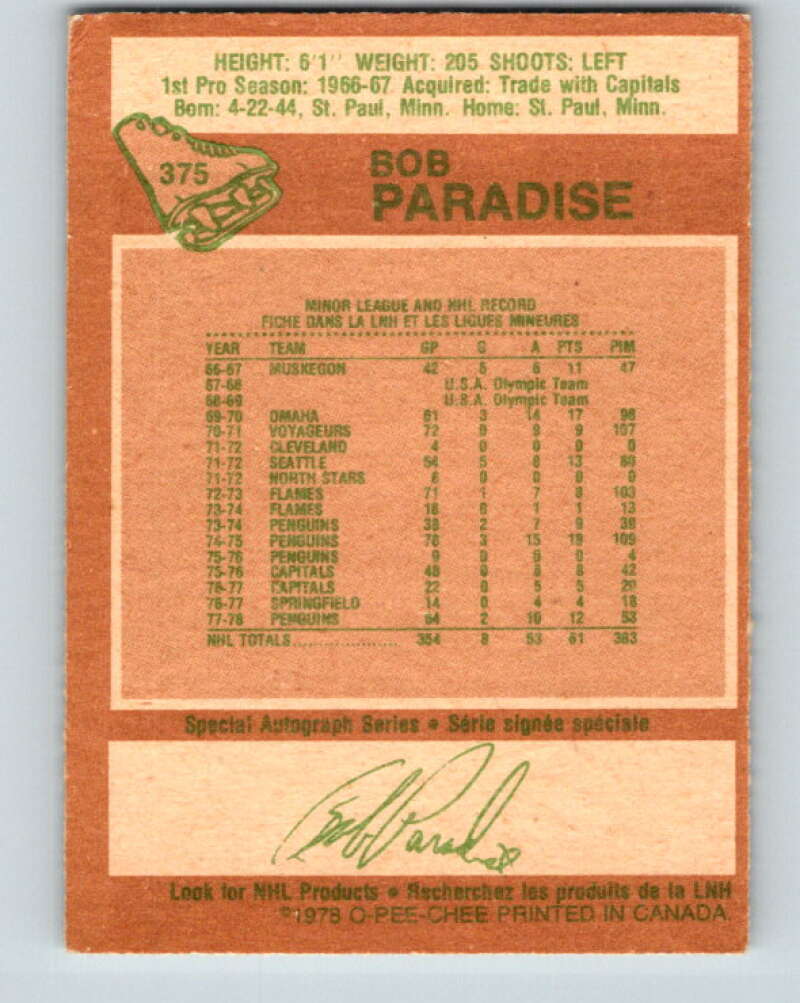1978-79 O-Pee-Chee #375 Bob Paradise Pittsburgh Penguins V26221
