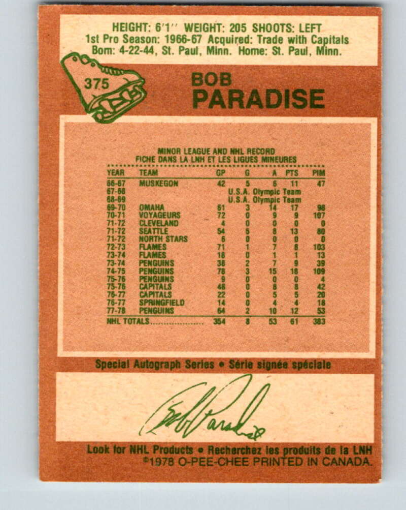 1978-79 O-Pee-Chee #375 Bob Paradise Pittsburgh Penguins V26222