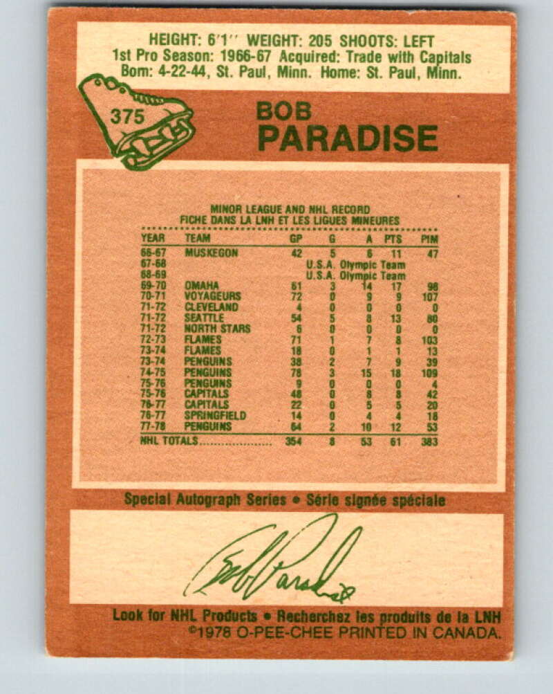1978-79 O-Pee-Chee #375 Bob Paradise Pittsburgh Penguins V26224