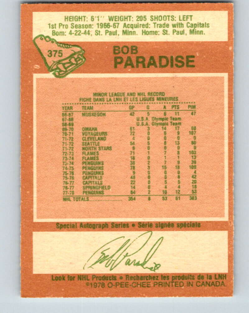 1978-79 O-Pee-Chee #375 Bob Paradise Pittsburgh Penguins V26225