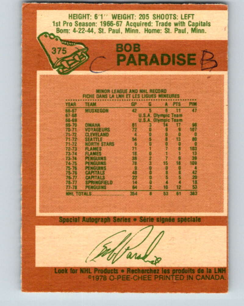 1978-79 O-Pee-Chee #375 Bob Paradise Pittsburgh Penguins V26228