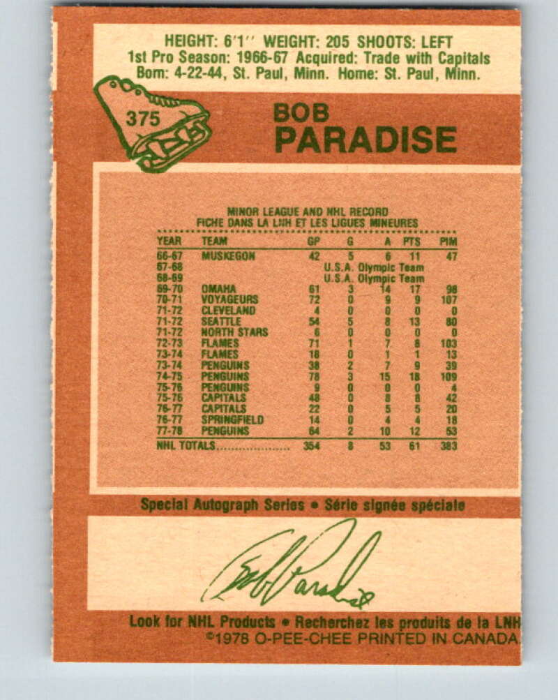 1978-79 O-Pee-Chee #375 Bob Paradise Pittsburgh Penguins V26229