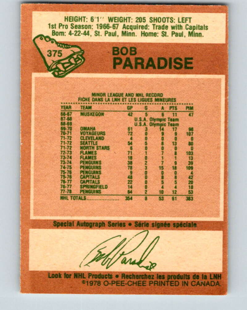 1978-79 O-Pee-Chee #375 Bob Paradise Pittsburgh Penguins V26230