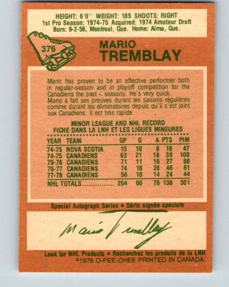 1978-79 O-Pee-Chee #376 Mario Tremblay Montreal Canadiens V26232