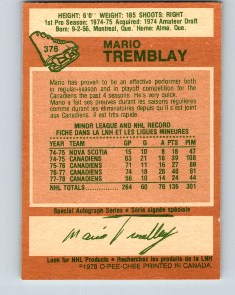 1978-79 O-Pee-Chee #376 Mario Tremblay Montreal Canadiens V26233