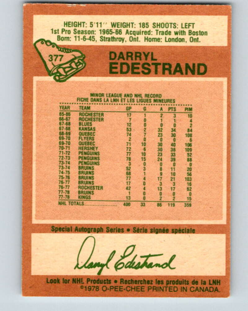 1978-79 O-Pee-Chee #377 Darryl Edestrand Los Angeles Kings V26237