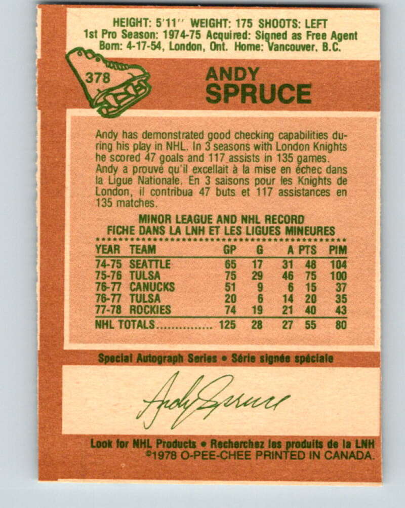 1978-79 O-Pee-Chee #378 Andy Spruce RC Rookie Rockies V26248